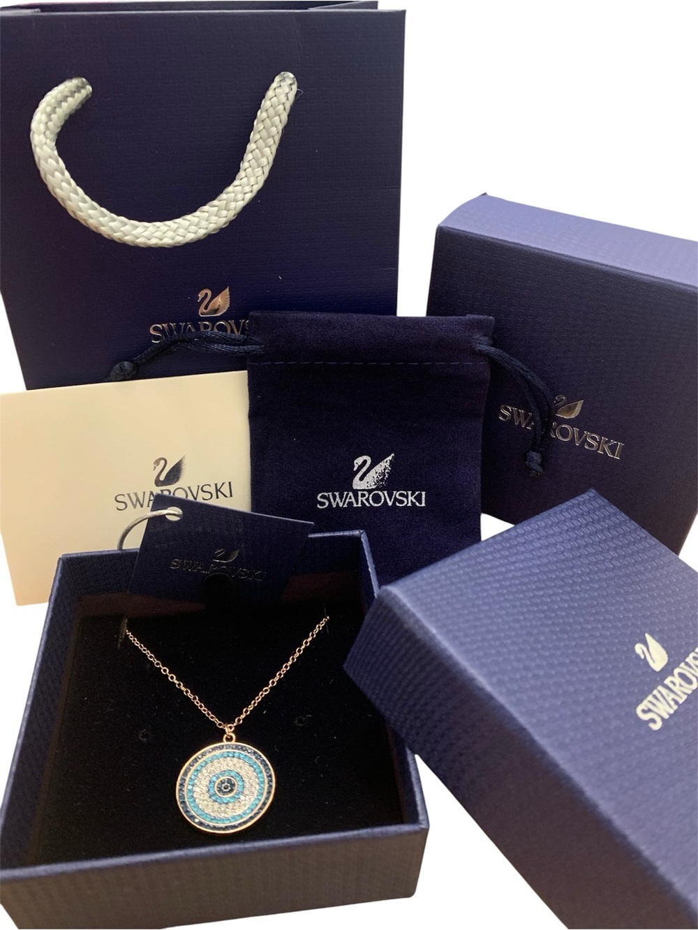Swarovski Turquoise and Blue Crystal Round Pendant Necklace - Rose Gold Tone
